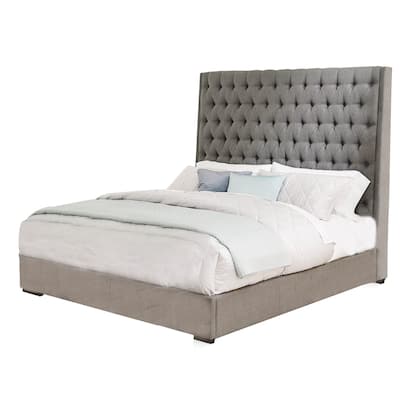 Wooden Eastern King Size Bed with Diamond Button Tufted Details, Gray