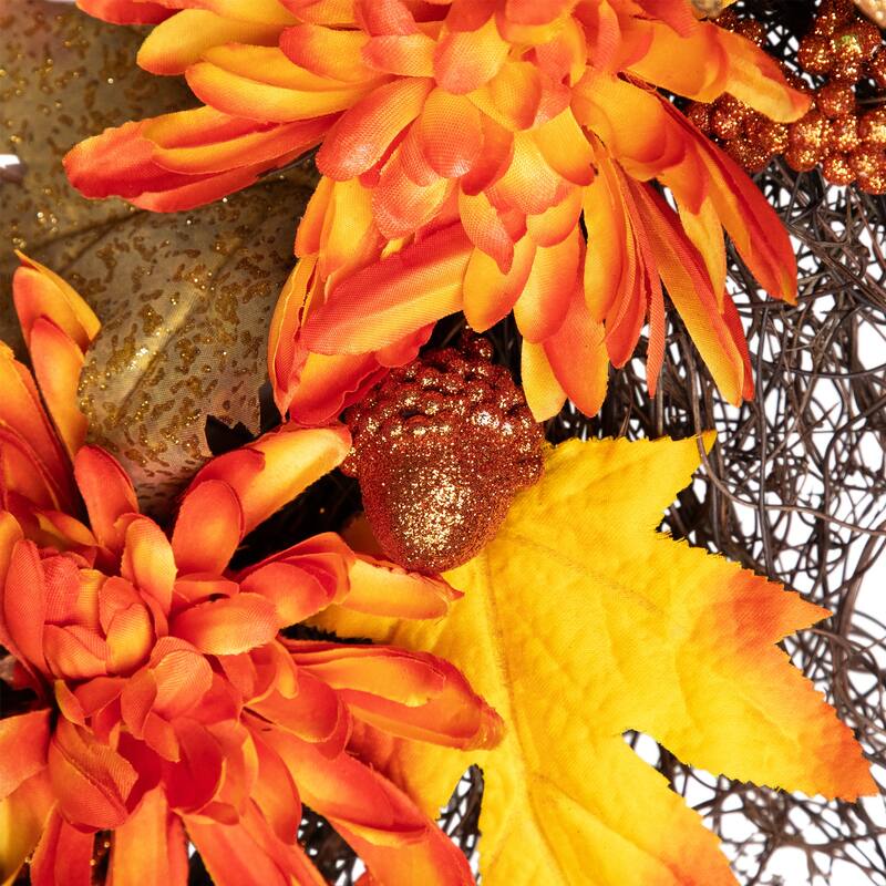 Mums and Acorns Glittered Artificial Fall Harvest Floral Twig Wreath - 22"