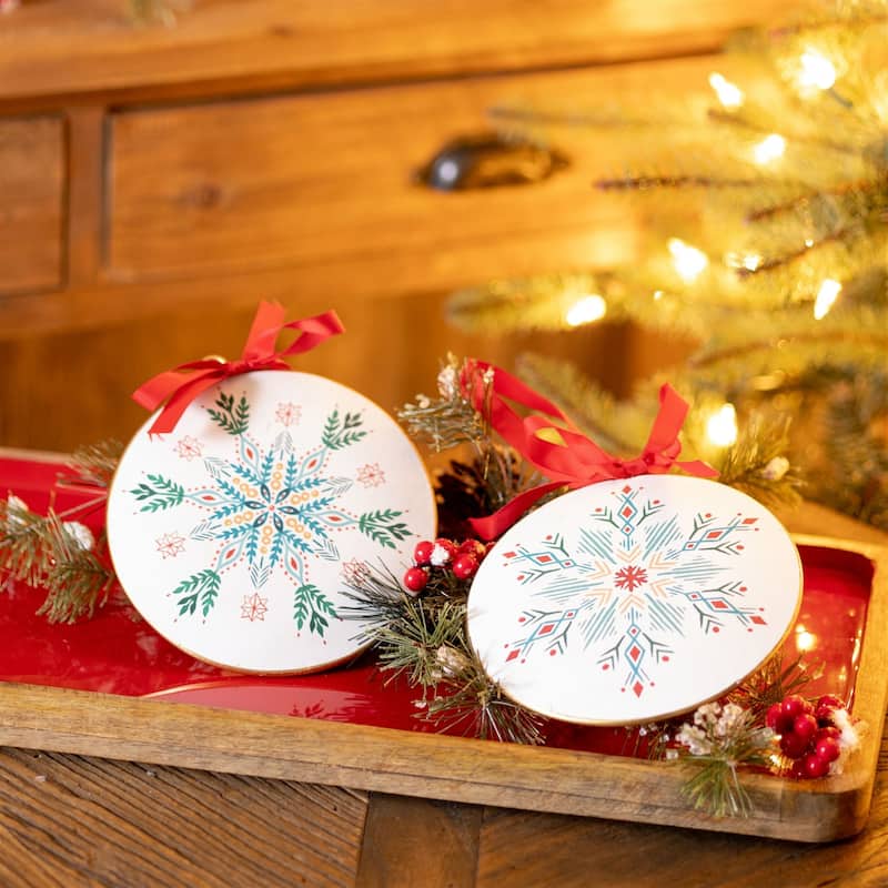 Snowflake Christmas Disc Ornament - 6.25" - White and Green - 12ct