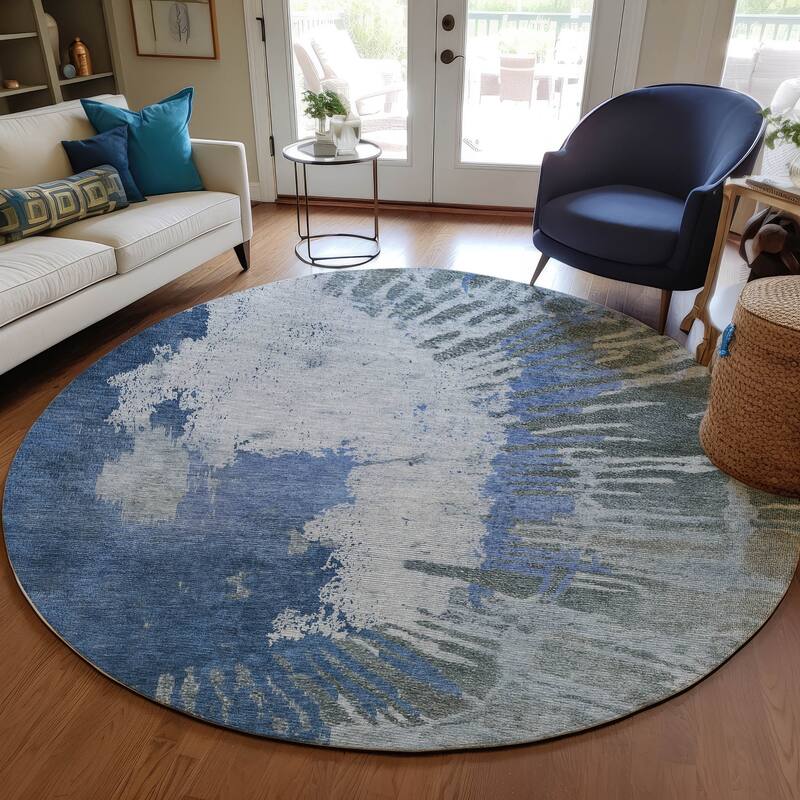 Machine Washable Indoor/ Outdoor Chantille Modern Burst Rug - Blue - 8' x 8'