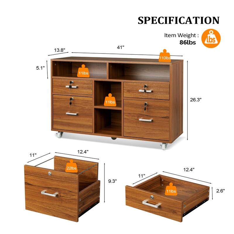 File Cabinet 4 Drawer Wood Mobile Lockable Rolling with Shelves