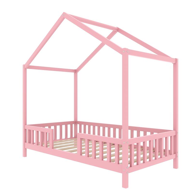 House-Shaped Twin Bed with Canopy and Railings for Kids, Pink Wooden Toddler Bed Frame