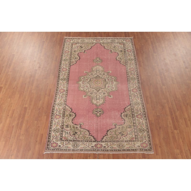 Pink Anatolian Turkish Vintage Area Rug Handmade Wool Carpet - 6'3" x 9'10"