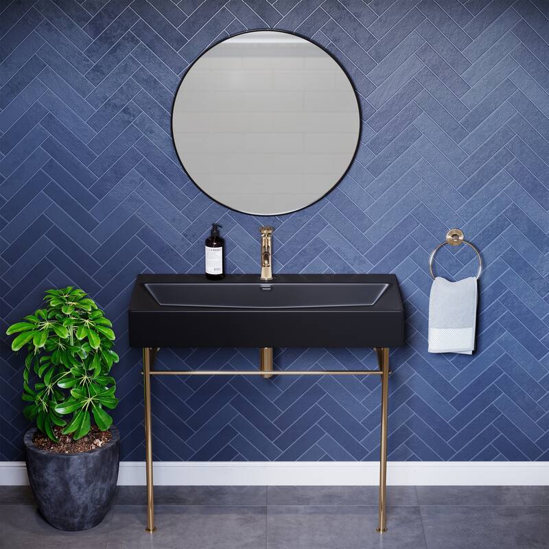 Claire 24 Ceramic Console Sink Matte Black Basin Gold Legs - 40" - Gold