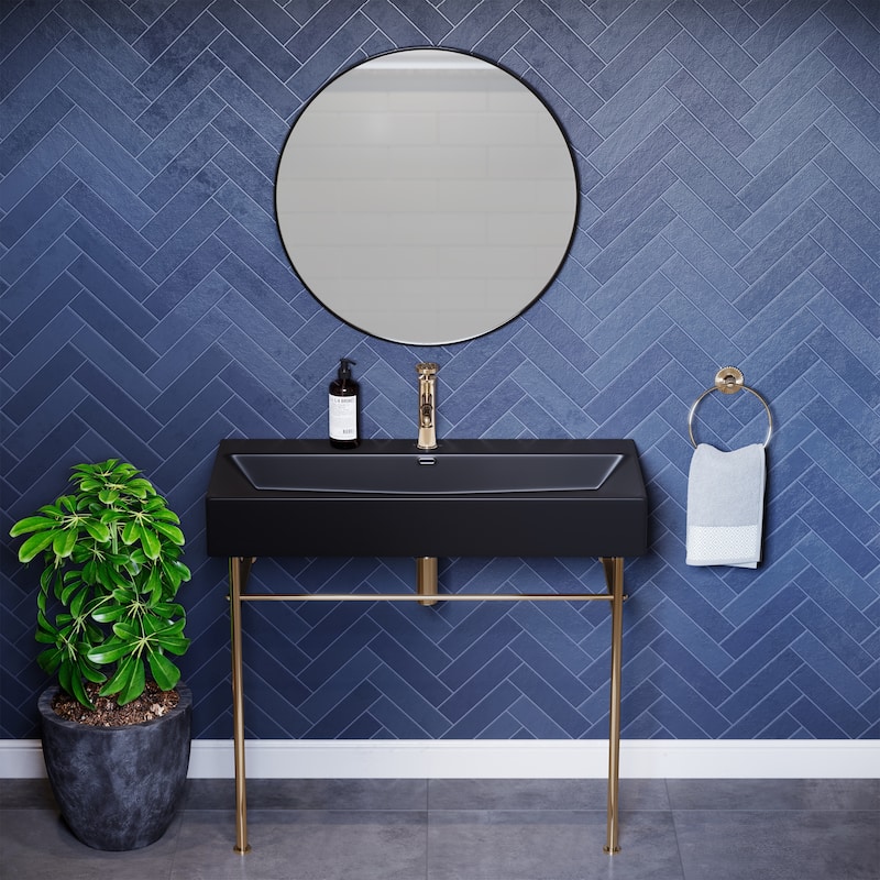 Reims 40 Ceramic Console Sink Matte Black Basin Gold Legs - 16.55" x 39.35" 35.45"