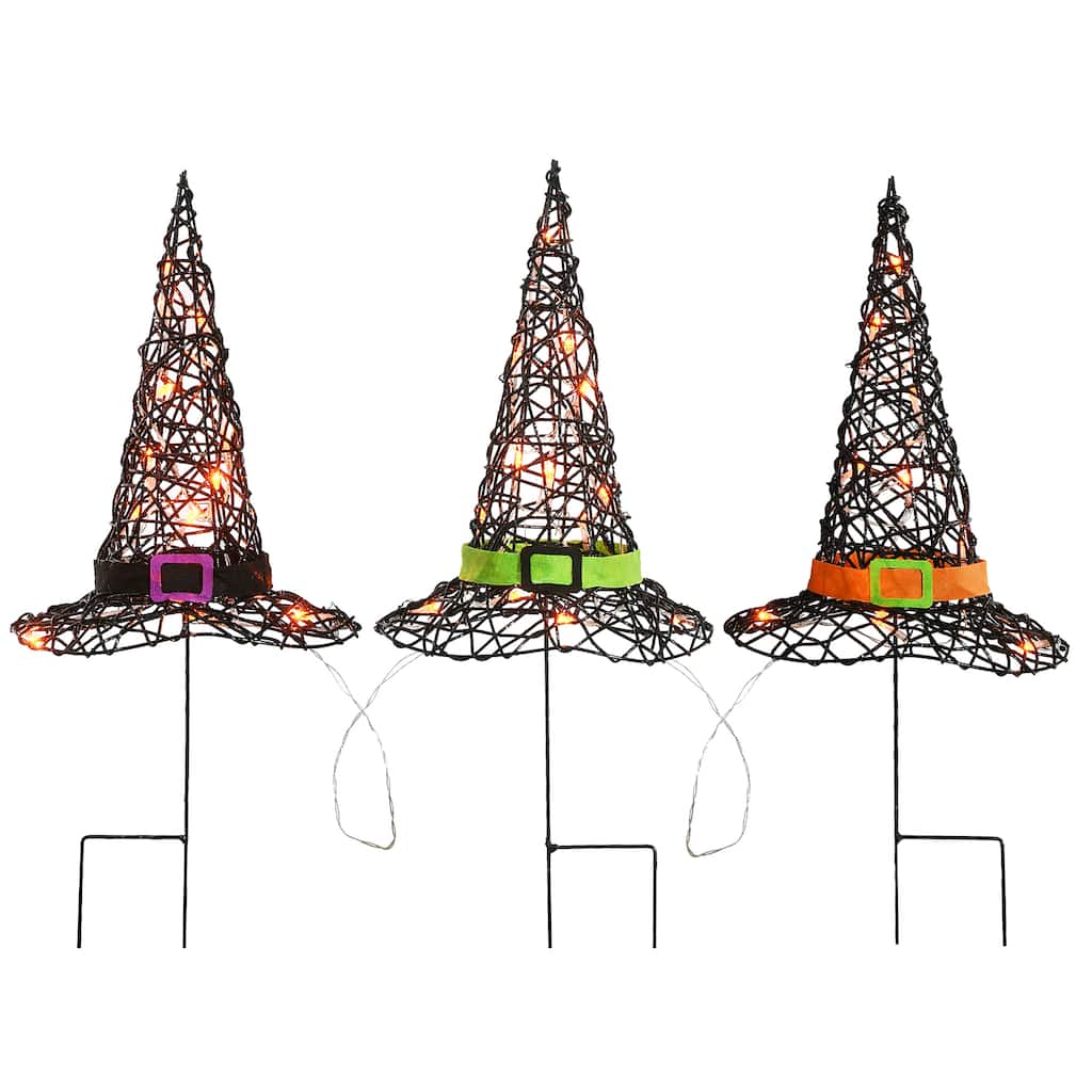 National Tree Company Halloween Pre-Lit Black Witch's Hat Garden Stakes, 23 inches