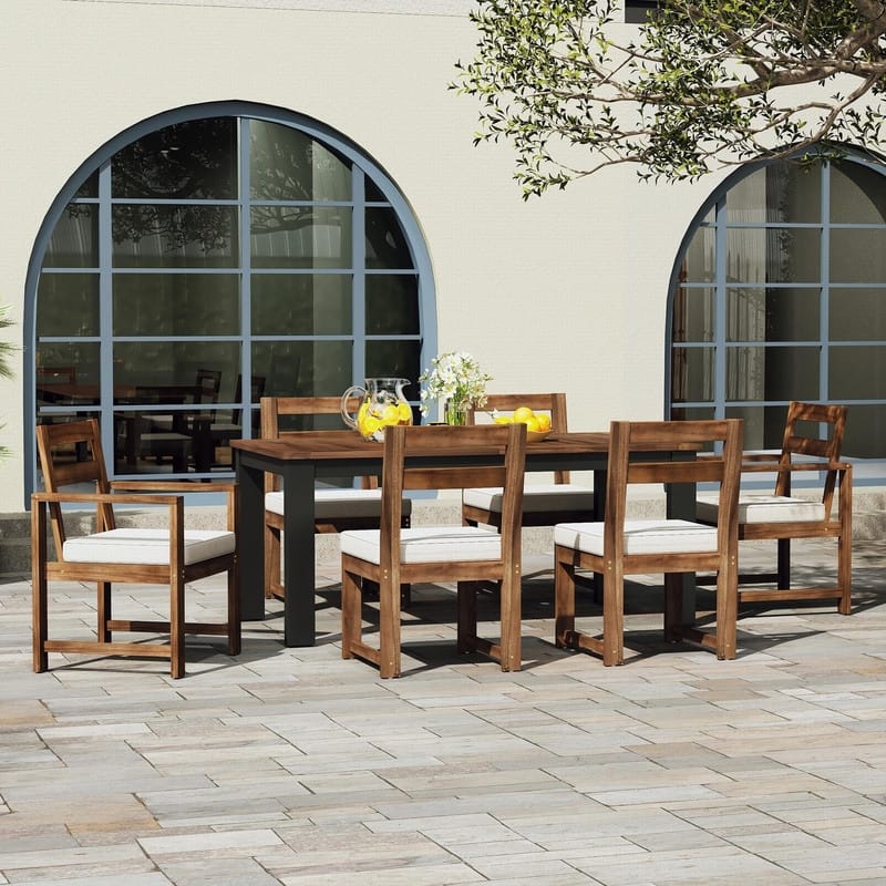 Acacia Wood 7 Piece Patio Dining Table and Chairs Set with Umbrella Hole for Outdoor Gatherings and Relaxation