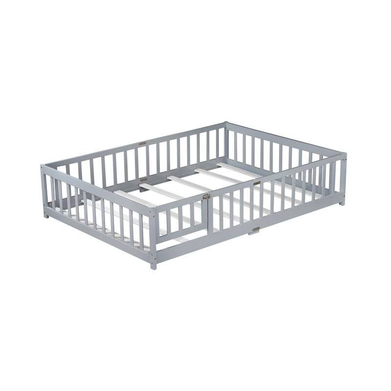 Roomfitters Twin/Full/Queen Rubber Wood Floor Bed with Fence and Swing Door, Safety Guardrails, Low Profile Design