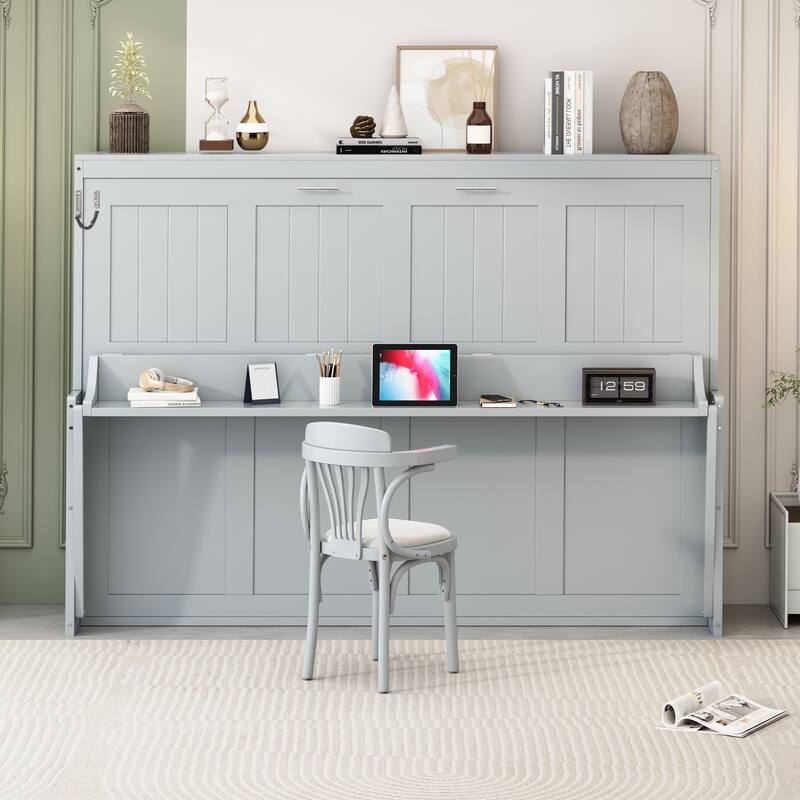 Roomfitters Full/Queen Murphy Bed with Hydraulic Lift and Folding Desk, Space Saving Wall Mounted Sleeper - Gray - Queen