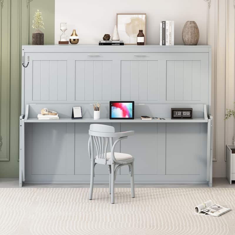 Space-Saving Queen Murphy Bed with Hydraulic Lift & Foldable Desk in Gray - Gray