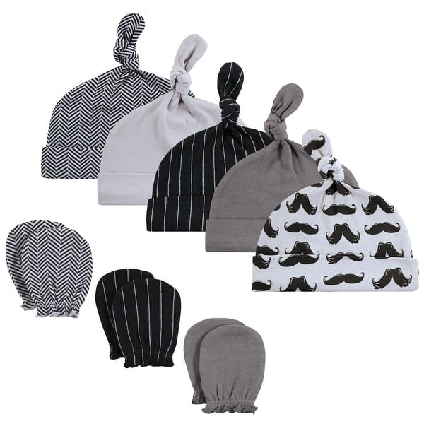 slide 1 of 1, Hudson Baby Infant Boy Cotton Cap and Scratch Mitten Set, Modern Mustache, 0-6 Months - Modern Mustache 0-6 Months - Modern Mustache