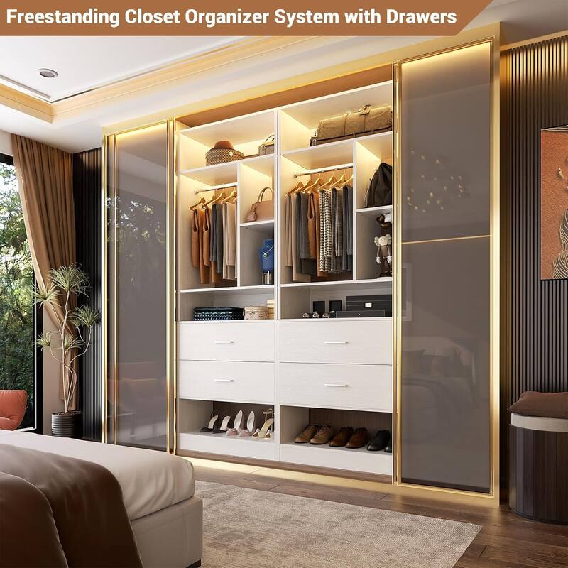 Kyrvo Freestanding 24" Closet System with 2 Wood Drawers,2FT Heavy Duty Walk-in Closet Organizer with 6 Shelves & Hanging Rod
