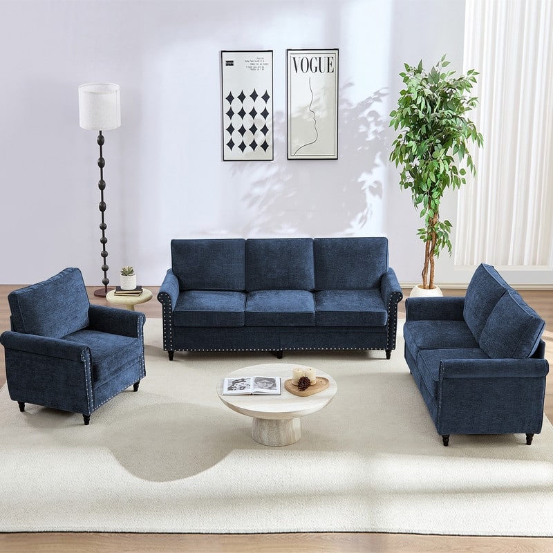 Mixoy 3Piece Chenille Living Room Sofa Set,Modern 3-Seater Sofa Couch&Loveseat Sofa&Single Sofa Armchair Set,Unique Riveted Look
