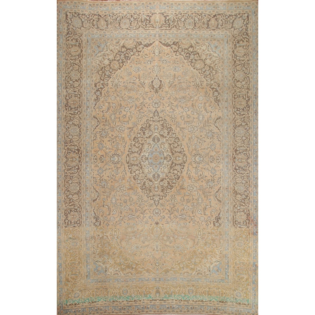 Hand Knotted Oriental 100% Wool Carpet Traditional Floral Peach Kashan Area Rug - 12' 10'' X 9' 4''