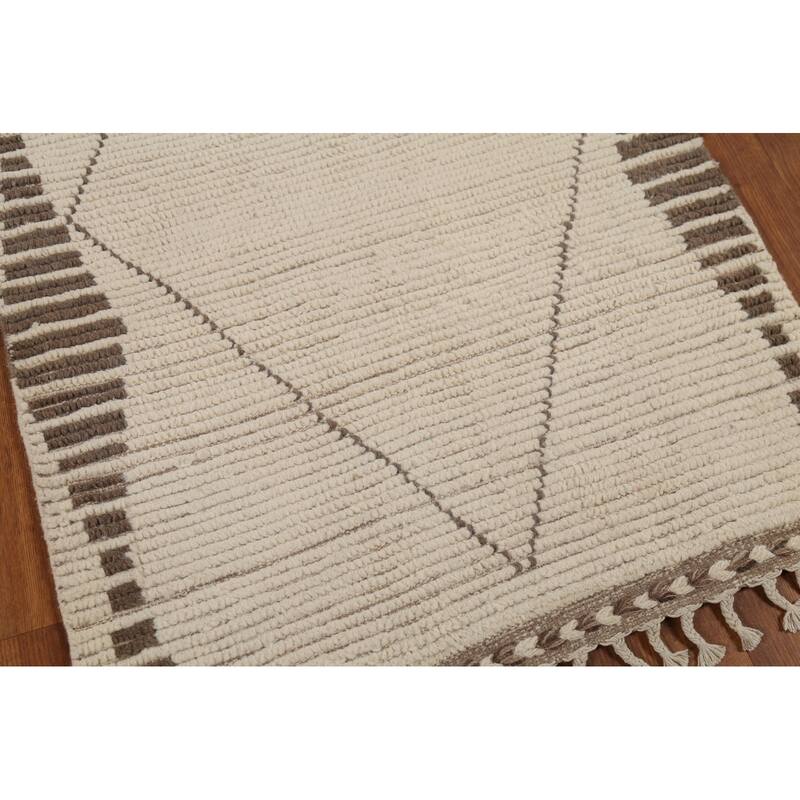 Ivory Moroccan Runner Rug Handmade Modern Wool Carpet - 3'1"x 11'10"