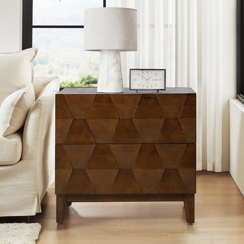 Ethel Mid-Century 2-Drawer Storage End Table with Adjustable Solid Wood Legs and Charging Station By HULALA HOME - Walnut