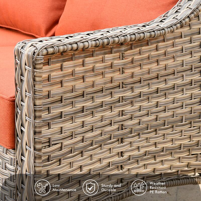 OVIOS 7 Pieces Outdoor Wicker Curved Swivel Chair Set With Fire Table