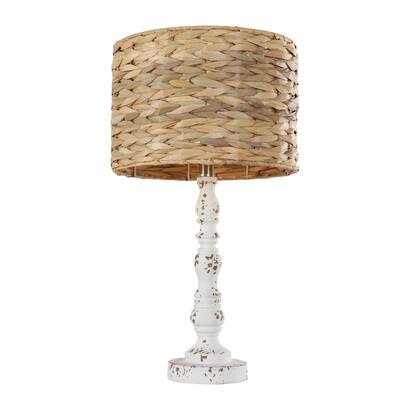 1-Light White Candlestick Table Lamp Rattan Weaved Shade
