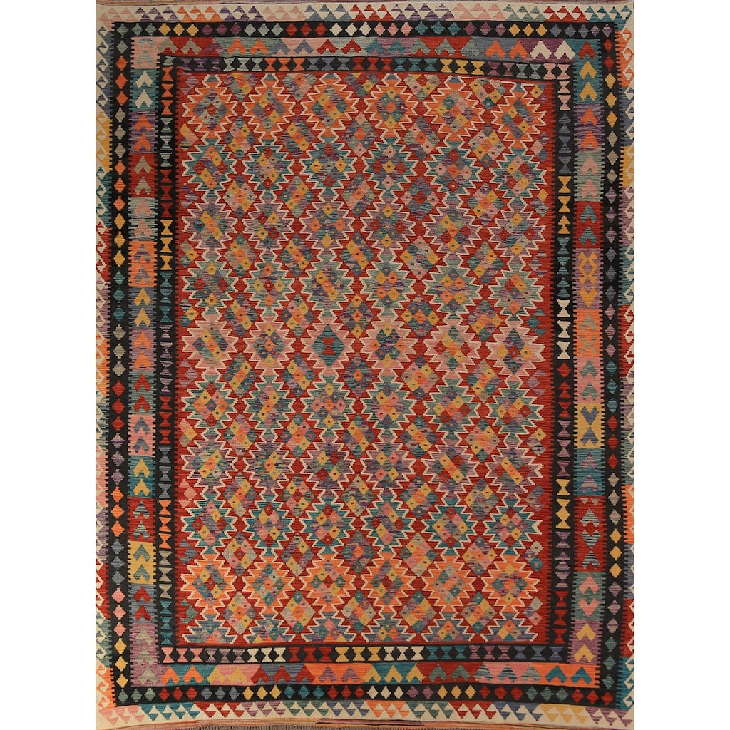 Geometric Kilim Area Rug Hand-Woven Oriental Wool Carpet - 8'4"x 11'1"