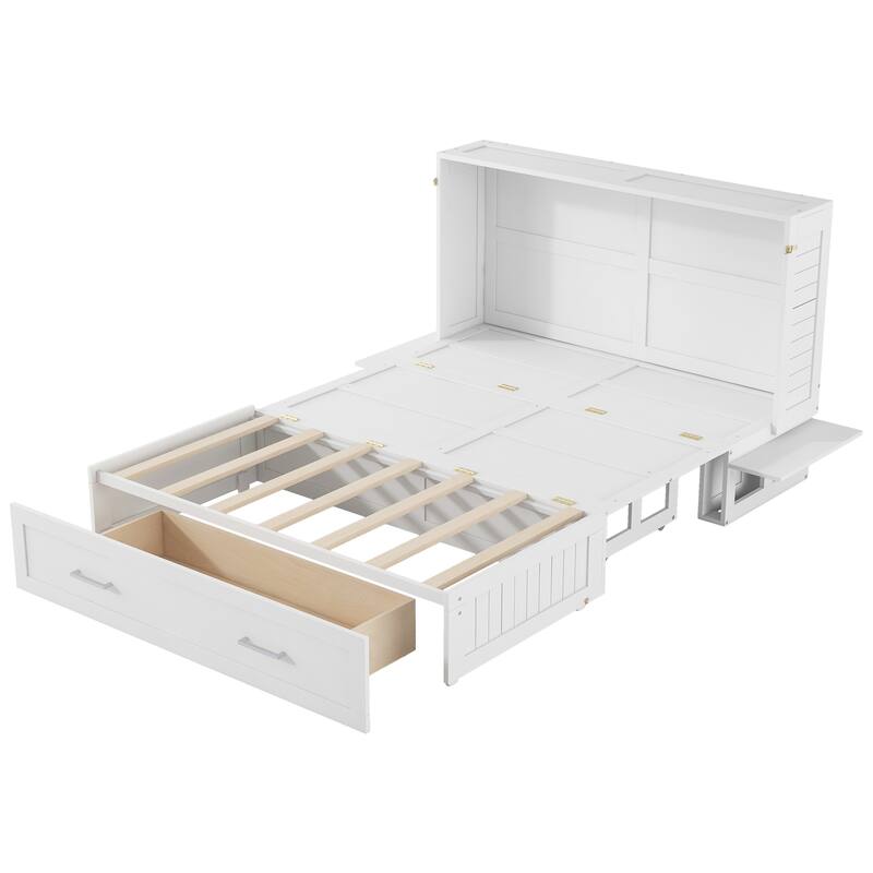 Pine Wooden Bed Frame, Queen Size Platform Bed with Drawer and Little Shelves Hidden Wall Murphy Bed for Bedroom