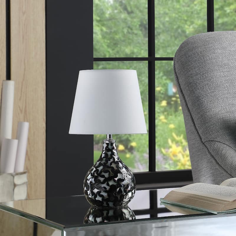 Black Resin Geometric Table Lamp with White Linen Globe Shade - 6.75” x 6.75” x 11.5” (D x W x H)