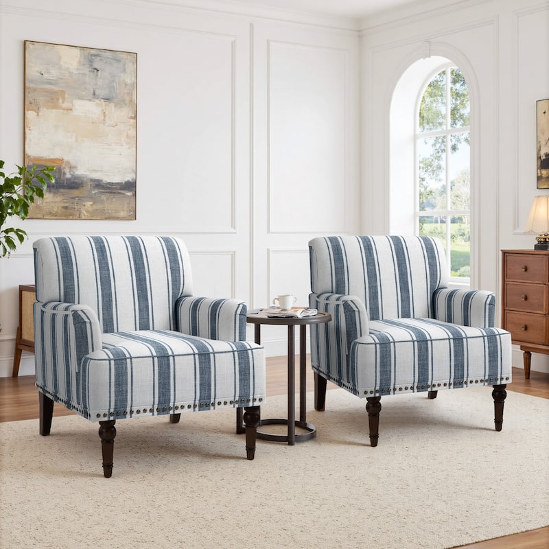 Set of 2 Stripe Linen Accent Arm Chairs with Nailhead Trim and Wood Legs