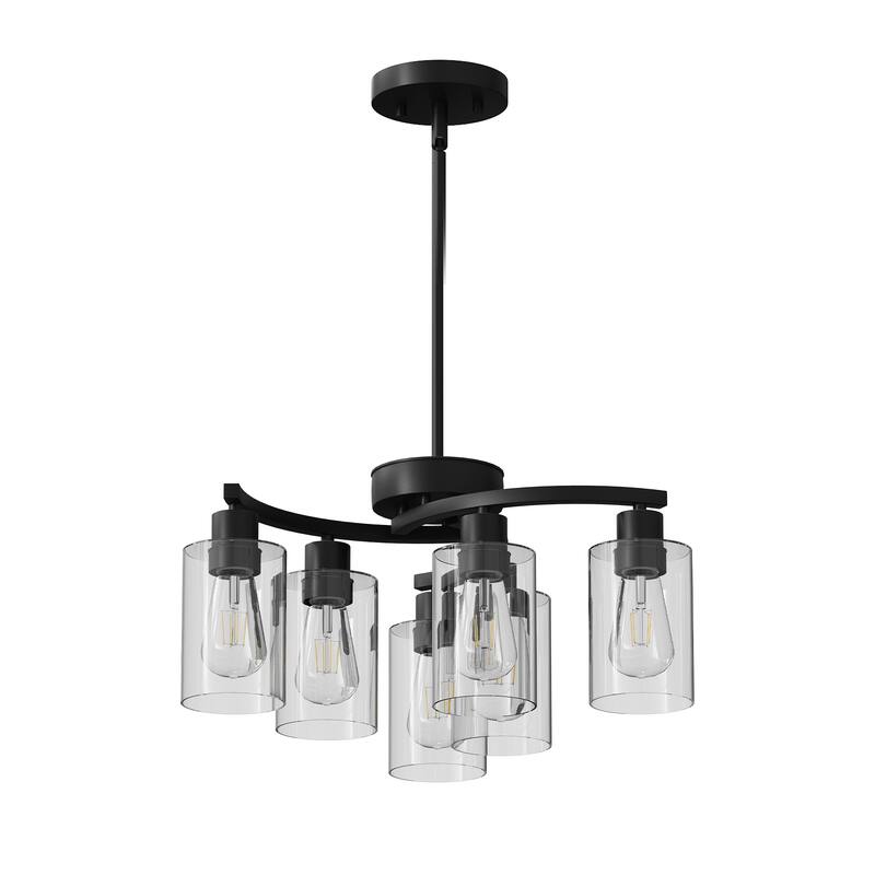 6-Light Modern Farmhouse Black Chandelier - Adjustable, Kitchen, Dining - Clear Glass
