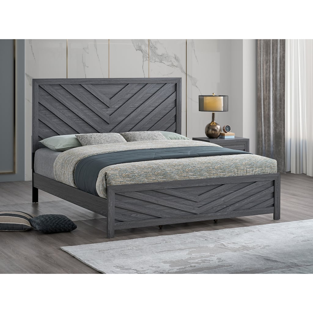 Roomfitters Full Size Wood Platform Bed Frame with Chevron V-Pattern Headboard and Footboard, No Box Spring Required, Grey