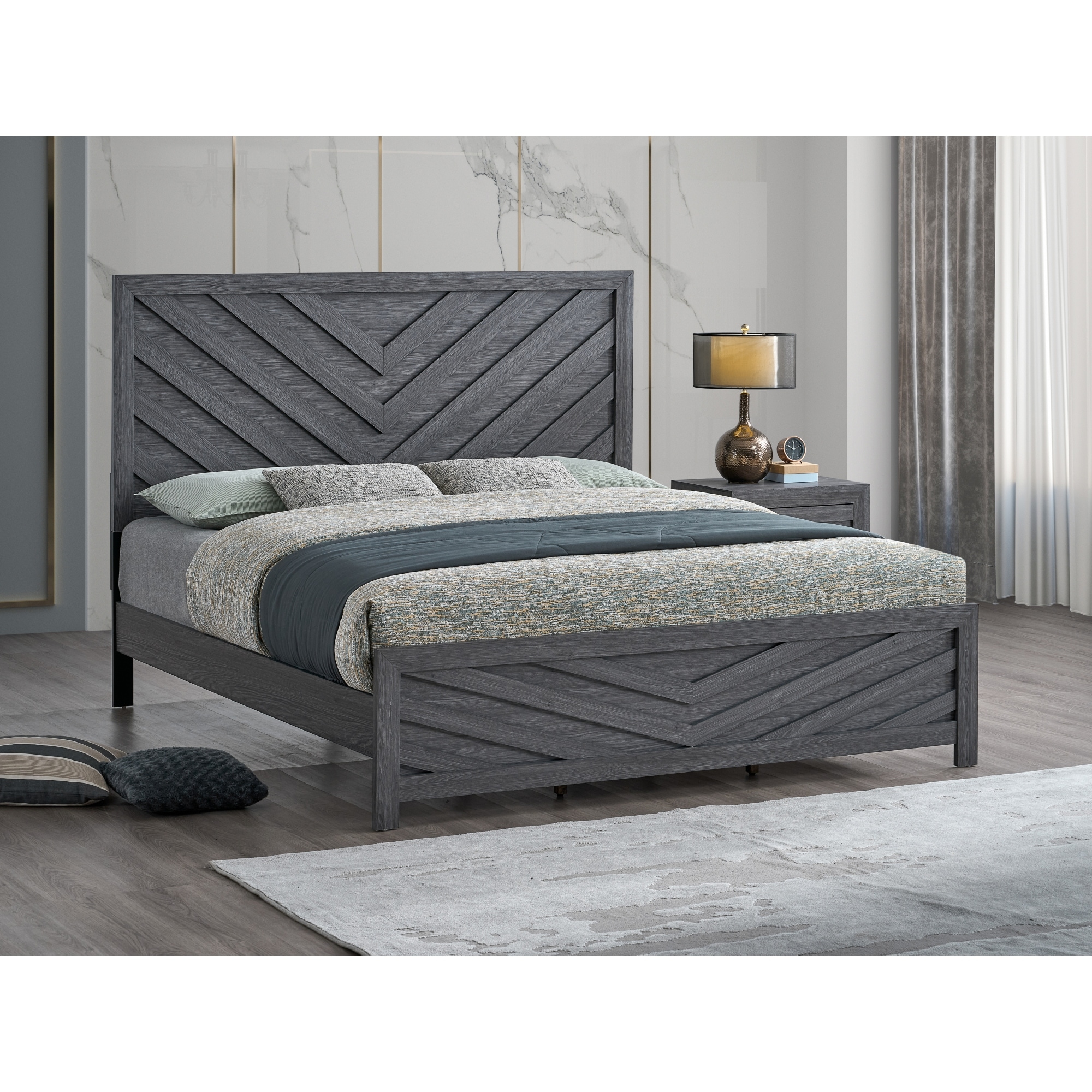 Roomfitters Full Size Wood Platform Bed Frame with Chevron V-Pattern Headboard and Footboard, No Box Spring Required, Grey