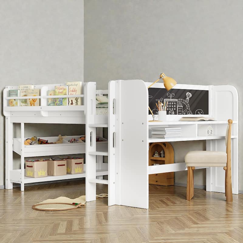 Low Loft Bed with Desk, Storage Bookcases, Drawers & Boxes, Solid Wood Kids Loft Bed with Blackboard Shelf - Light White - Full