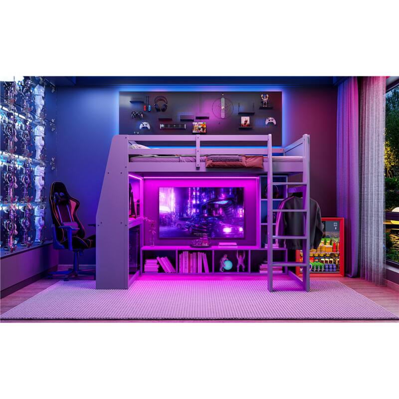 Roomfitters Twin/Full Gaming Loft Bed with Desk, Hanging Rack and LED Lights, Black and Red