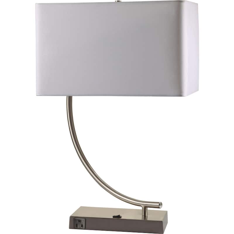 23" Modern Silver Table Lamp with White Linen Rectangular Shade and Built-in Outlet for Home Decor - 22.5"H x 15.25"W x 9"D
