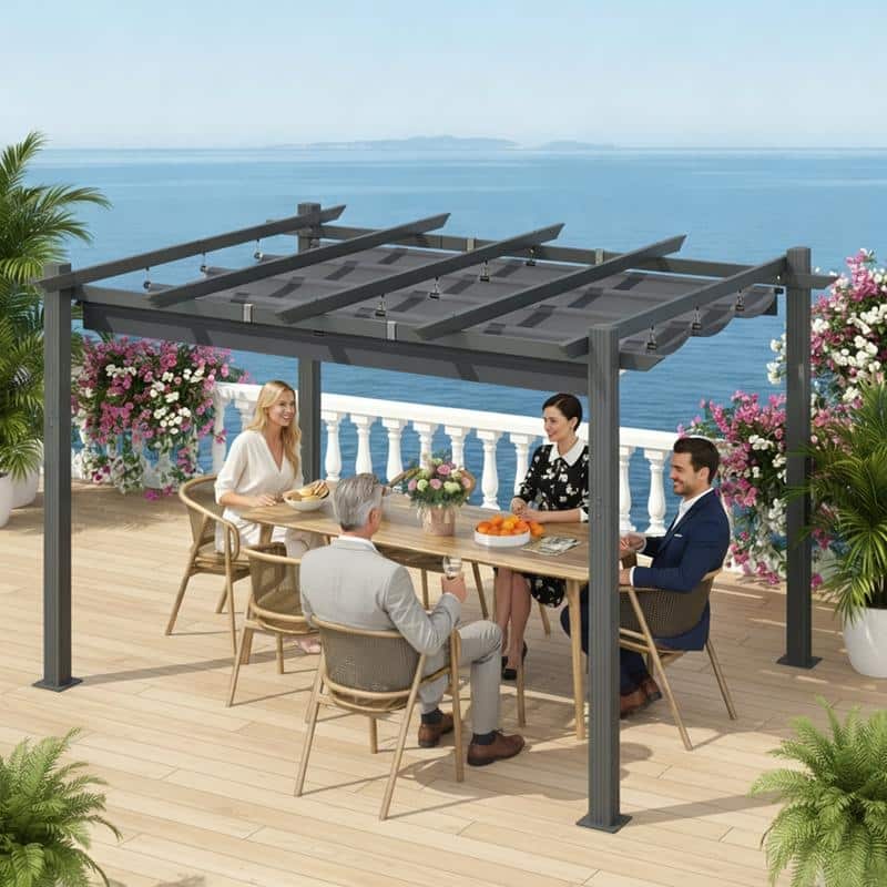 EROMMY 10' x 13' Outdoor Pergola with Retractable Canopy, Heavy-Duty Metal Frame and Adjustable Patio Shade Roof