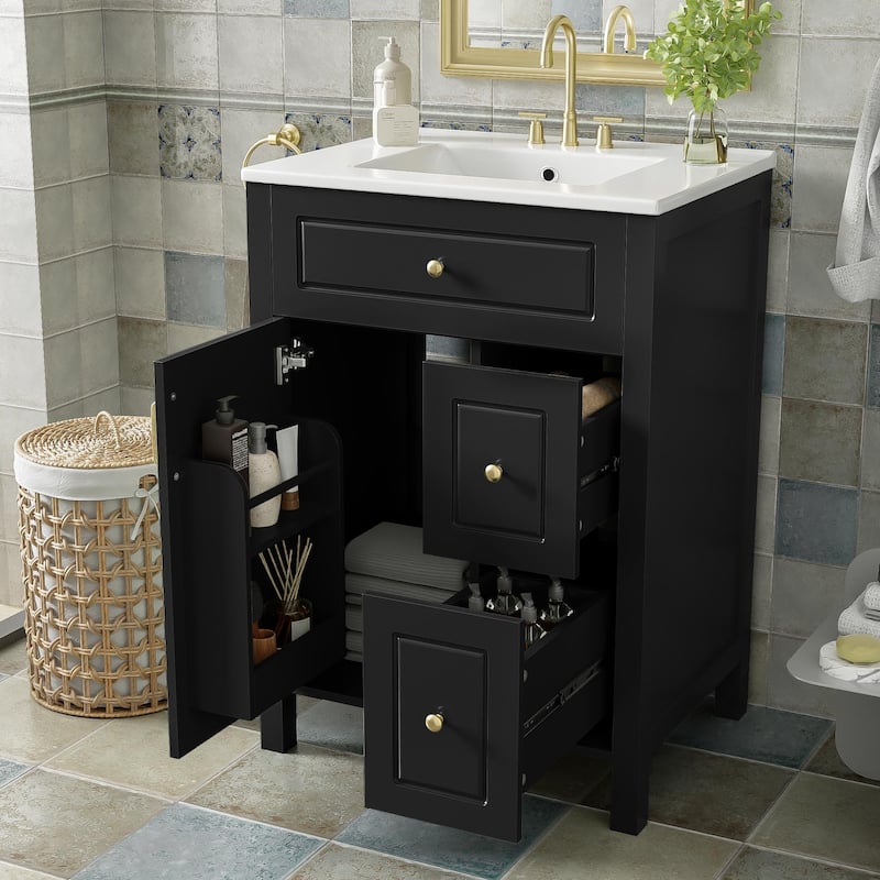 24-Inch Bathroom Vanity with Ceramic Sink, 1 Soft Close Door, 2 Soft Close Drawers, and Double Storage Racks on the Door - Black