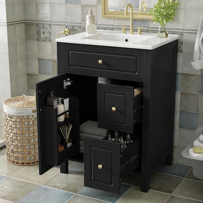 GDFStudio - Cielo Wood & Ceramic 24" Bathroom Vanity with Sink, 2 Drawers, Door & Storage Racks