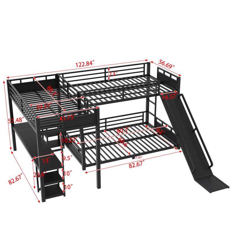 L-shaped Triple Bunk Bed with Corner Desk and Open Shelves, Metal Bedframe with Twin XL Loft Bed and Full over Queen Bunk Bed