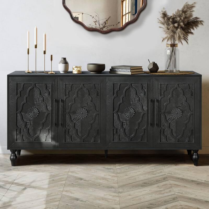 Carved Flower Door Large Storage Cabinet Sideboard Buffet