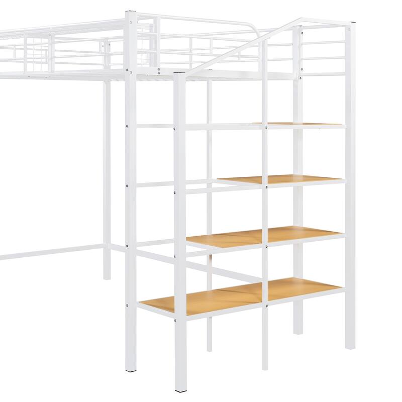 Twin Size Metal Loft Bed with Upper Storage Shelf and Lateral Ladder, White