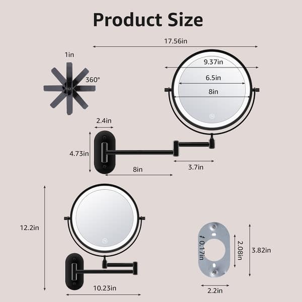 dimension image slide 2 of 6, Yulika Rechargeable Lighted Wall Mounted Makeup Mirror with 3 Color Lights Double Sided 1X/10X or 1X/7X