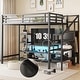 preview thumbnail 1 of 26, Full Size High Metal Loft Bed Frame with Entertainment TV Stand, Shelves, LED Light Strip, Charging Station, Staircase Wardrobe Black - Full