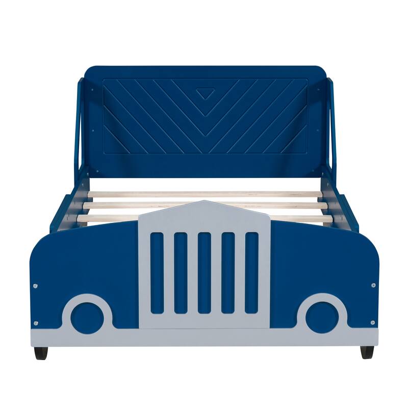 Twin Size Car-Shaped Platform Bed with Wheels in Blue, Sturdy and Safe Design