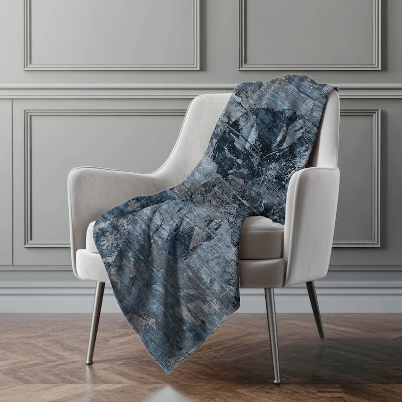 Premium Machine Washable Modern Floral Sherpa Throw Blanket - Denim - 4'2" x 5'10"