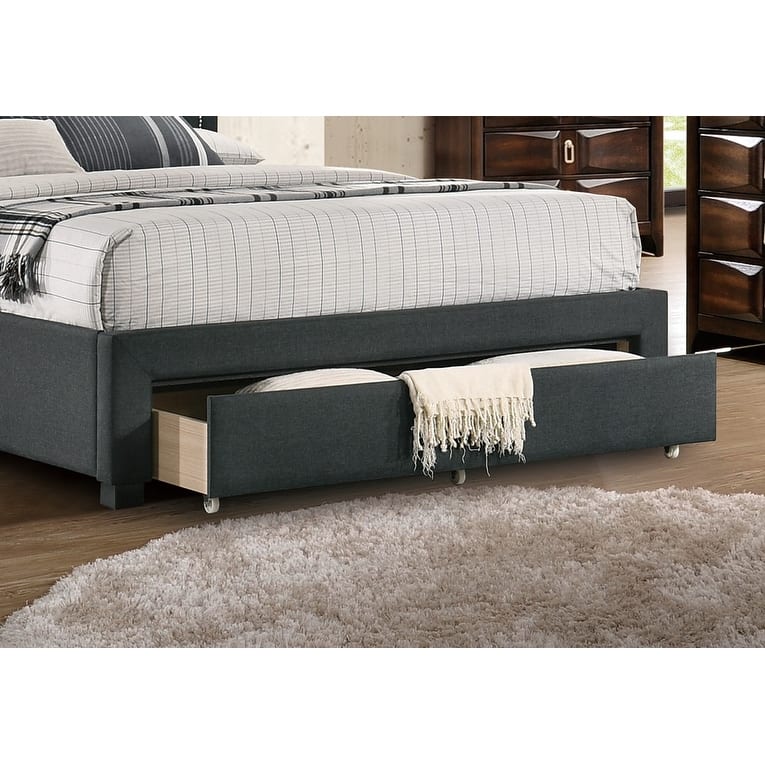 Charcoal Burlap Fabric 1pcs Queen Size Bed w Drawer Button Tufted Arch Design Headboard Storage FB Bedframe Bedroom Furniture