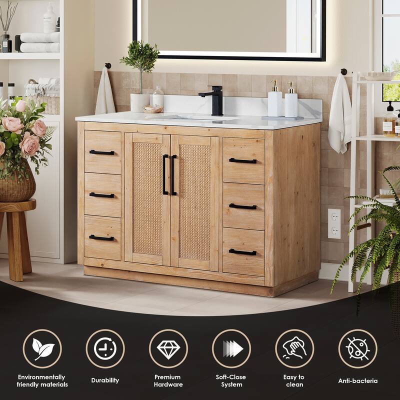 Floral Single Bathroom Vanity in Light Brown with Calacatta White Quartz Countertop without Mirror