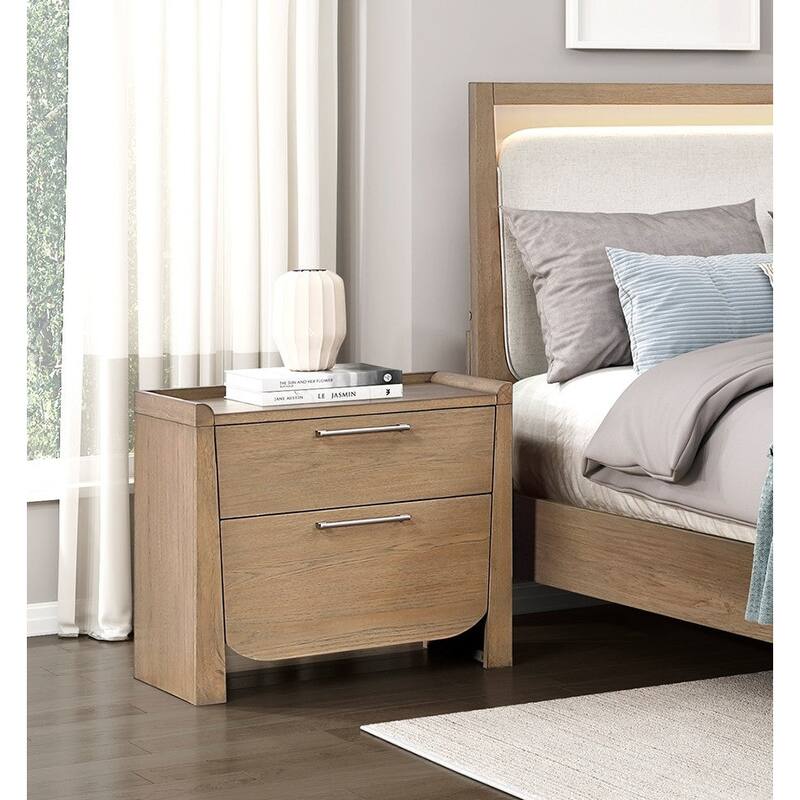 Contemporary Design Bedroom Set Light Brown Finish Upholstered Bed with LED