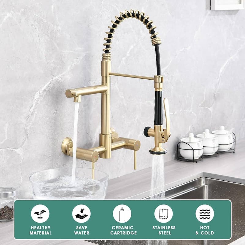 Dornberg Wall Mount Kitchen Faucet with Sprayer, 2 Handle Pull Down Faucet