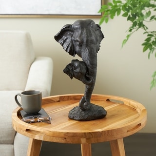 Black Polystone Mom and Baby Elephant Decorative Sculpture