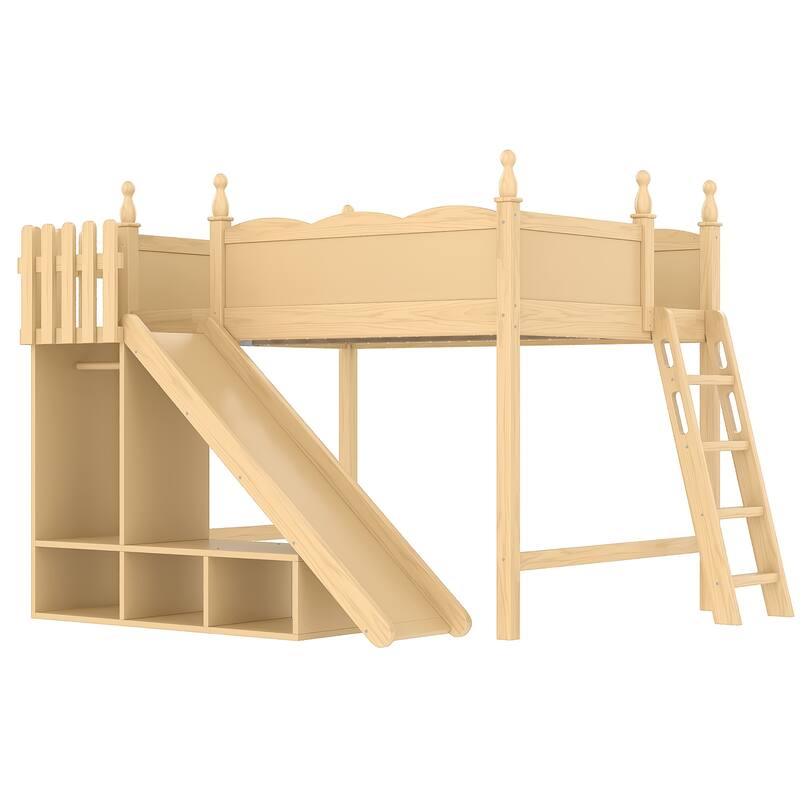 Full Loft Bed with Storage Shelves and Wardrobe, Solid Wood Loft Beds with Detachable Slide and Ladders, No Spring Box Needed