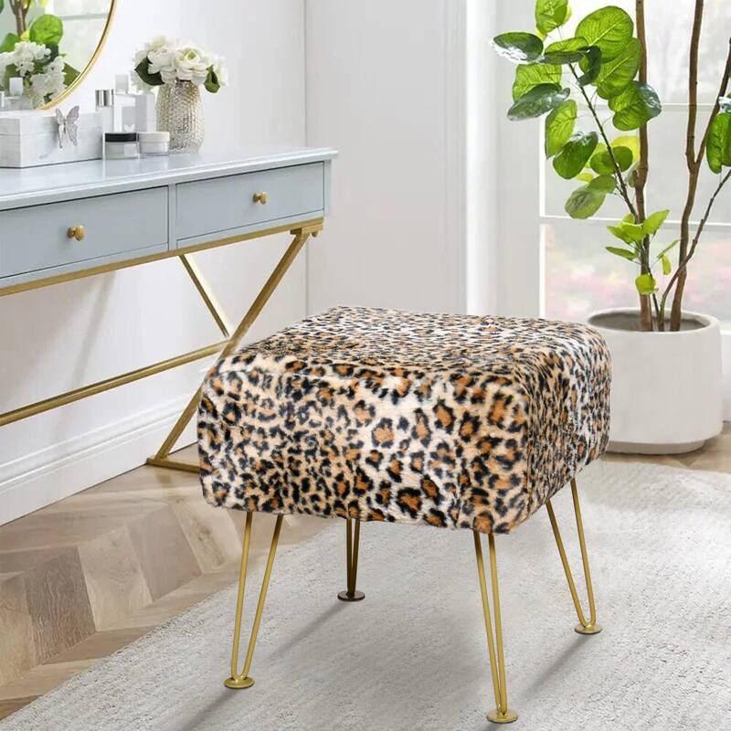Home Soft Things Leopard Fauxfur Ottoman with Gold Metal Legs