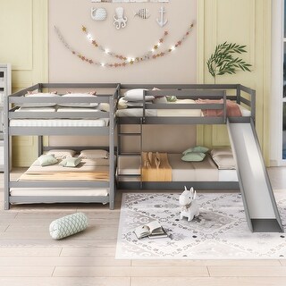 Full and Twin Size L-Shaped Bunk Bed with Slide and Short Ladder, Gray